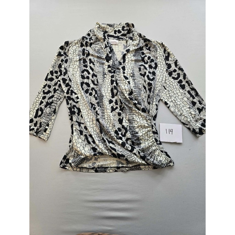Jon Den Womens Snake Leopard Print Faux Wrap Ruched 3/4 Sleeve Top Shirt L